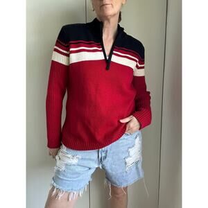 Y2K Preppy Mock Neck Sweater Red/White Black Streetwear Twee Coastal Stripe SZ L